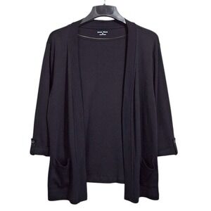Studio Works Cardigan Womens Medium Black Cotton 3/4‎ Sleeve Open Front Pockets